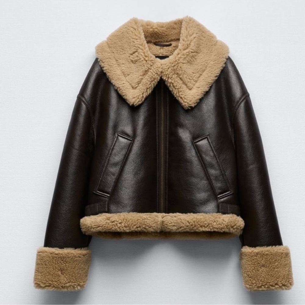Zara Dark Brown Teddy Jacket with Tan Accents